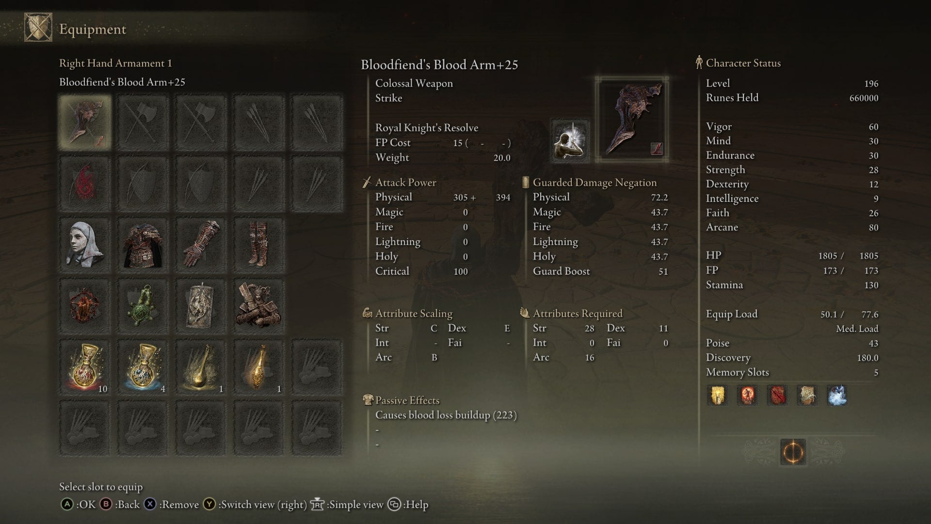 The equipment needed for a Bloodfiend's Arm build is shown in the player inventory in Elden Ring Shadow of the Erdtree - 3