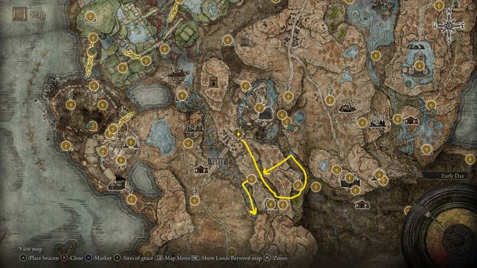 The route from the front of Castle Ensis to the Cerulean Coast is labelled on the Elden Ring Shadow of the Erdtree map