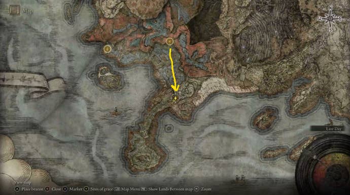 A route from the entrance to the Cerulean Coast to the area's map fragment is shown in Elden Ring Shadow of the Erdtree