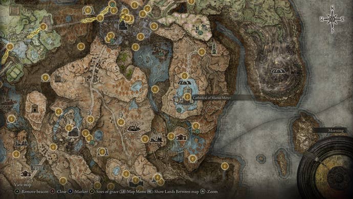 The location of the Cherishing Fingers sorcery, after completing Count Ymir's quest, is marked on the Elden Ring Shadow of the Erdtree map