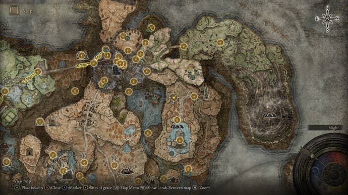 The location of a Larval Tear near the entrance to the Church District is marked on the Elden Ring Shadow of the Erdtree map