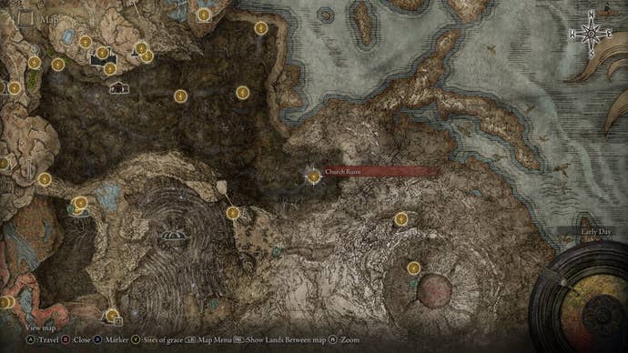 The location of a Scadutree Fragment at the Church Ruins in Abyssal Woods is marked on the Elden Ring Shadow of the Erdtree map