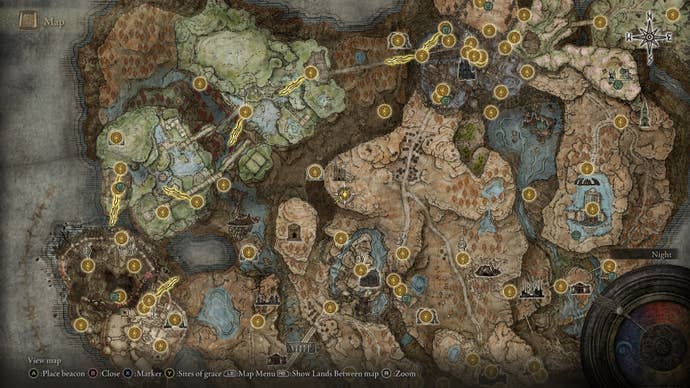 The location of a Larval Tear near the entrance to the Church of the Crusade is marked on the Elden Ring Shadow of the Erdtree map