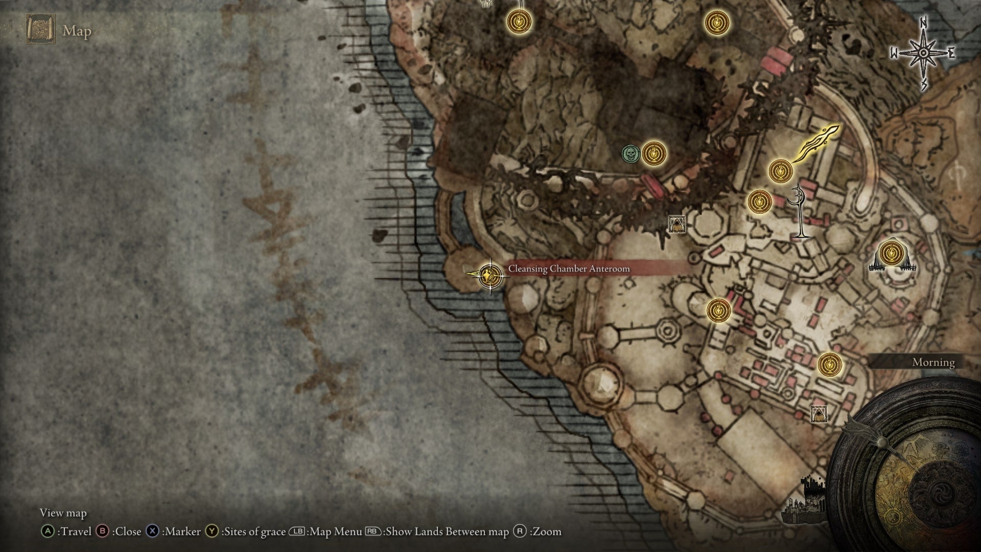 The location of a Scadutree Fragment at the Cleansing Chamber Anteroom in Enir-Ilim is marked on the Elden Ring Shadow of the Erdtree map - 36