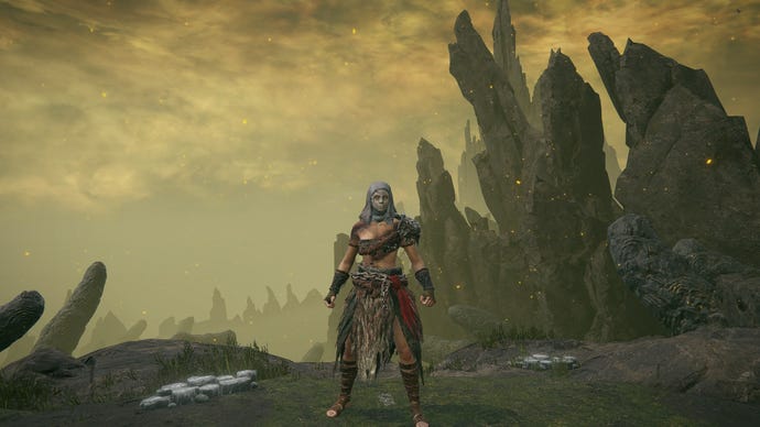 The Tarnished stands in Scaduview wearing the White Mask, Champion Set, and Dryleaf Arts weapon in Elden Ring Shadow of the Erdtree