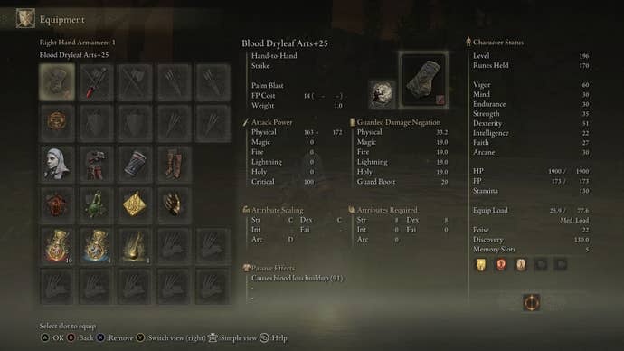 A player build is shown with the Dryleaf Arts weapon and other suggested gear equipped in Elden Ring Shadow of the Erdtree