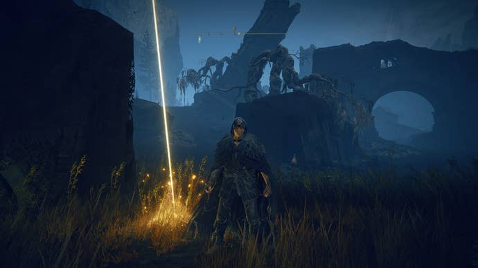 The Tarnished stands in front of the Moorth Ruins Cross of Miquella in Elden Ring Shadow of the Erdtree