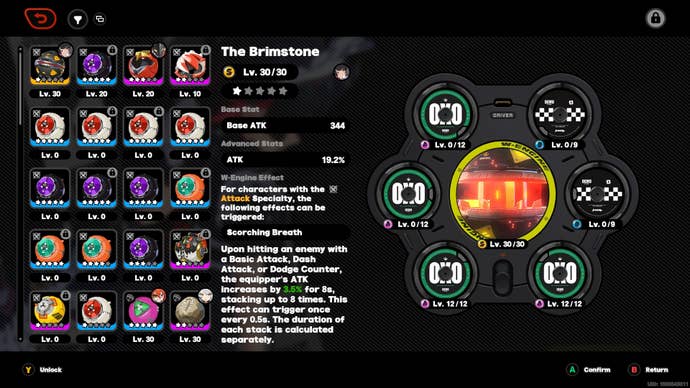 The Brimstone W Engine and various Disk Drives for an Ellen build are shown in the player’s agent menu in Zenless Zone Zero