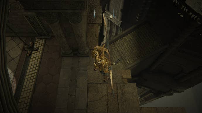 The Tarnished stands on a ledge and looks down at a staircase beneath them in Elden Ring Shadow of the Erdtree