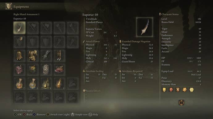 The equipment needed for a Euporia build is shown in the player inventory in Elden Ring Shadow of the Erdtree