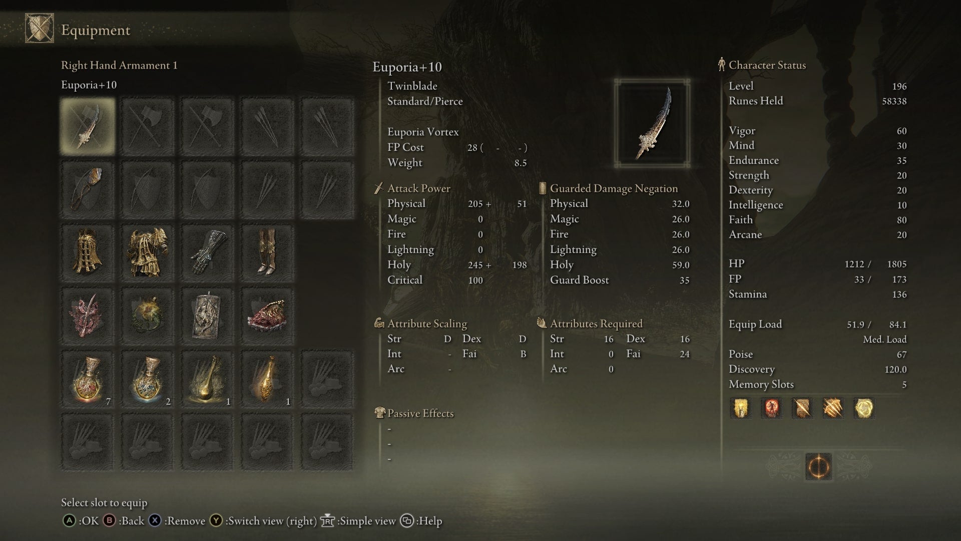 The equipment needed for a Euporia build is shown in the player inventory in Elden Ring Shadow of the Erdtree - 3