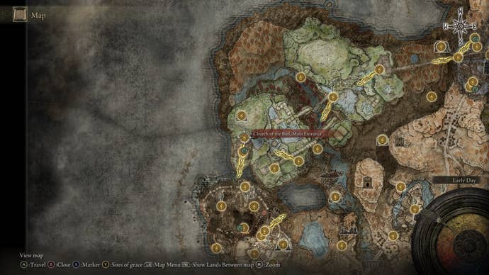 The location where the Hornsent invades in the Ancient Ruins of Rauh is marked on the Elden Ring Shadow of the Erdtree map