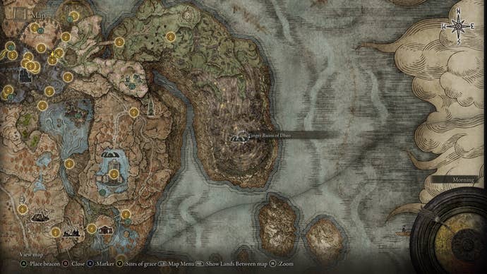 The Finger Ruins of Dheo are shown on the Elden Ring Shadow of the Erdtree map