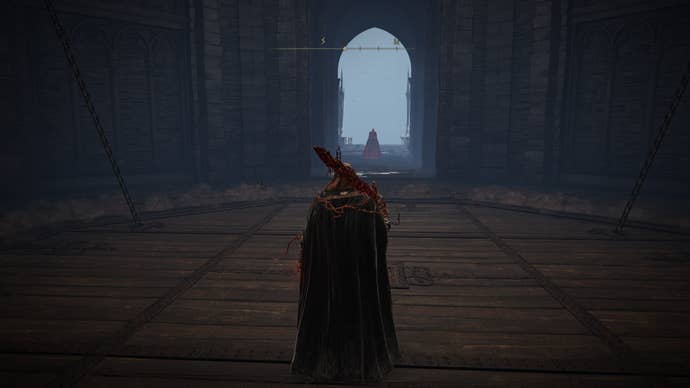 The Tarnished faces a Fire Knight in Shadow Keep's main plaza in Elden Ring Shadow of the Erdtree
