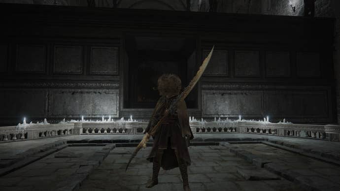 The Tarnished faces a spike trap with a small box inside it in Fog Rift Catacombs of Elden Ring Shadow of the Erdtree