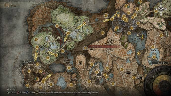 The location of Fog Rift Catacombs is marked on the Elden Ring Shadow of the Erdtree map