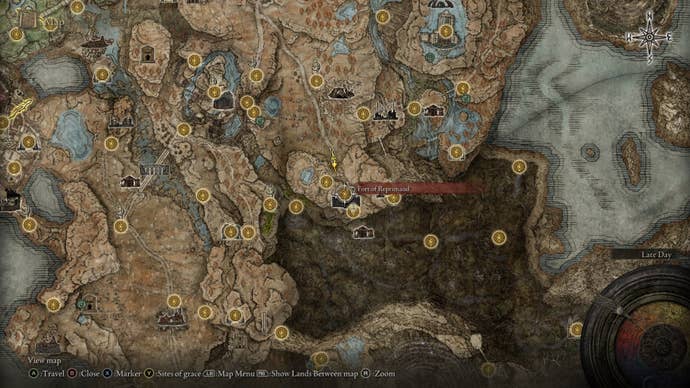 The location of the Fort of Reprimand is shown on the Elden Ring Shadow of the Erdtree map