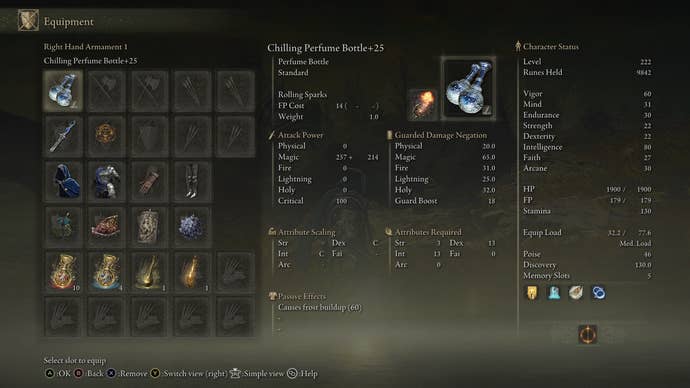 The equipment needed for a Frost build using the Chilling Perfume Bottle in Elden Ring Shadow of the Erdtree is shown in the player's equipment menu