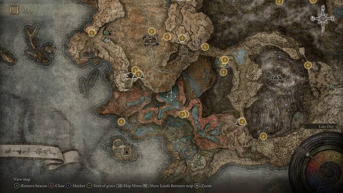 The location of the Ghostflame Call Ash of War is marked on the Elden Ring Shadow of the Erdtree map