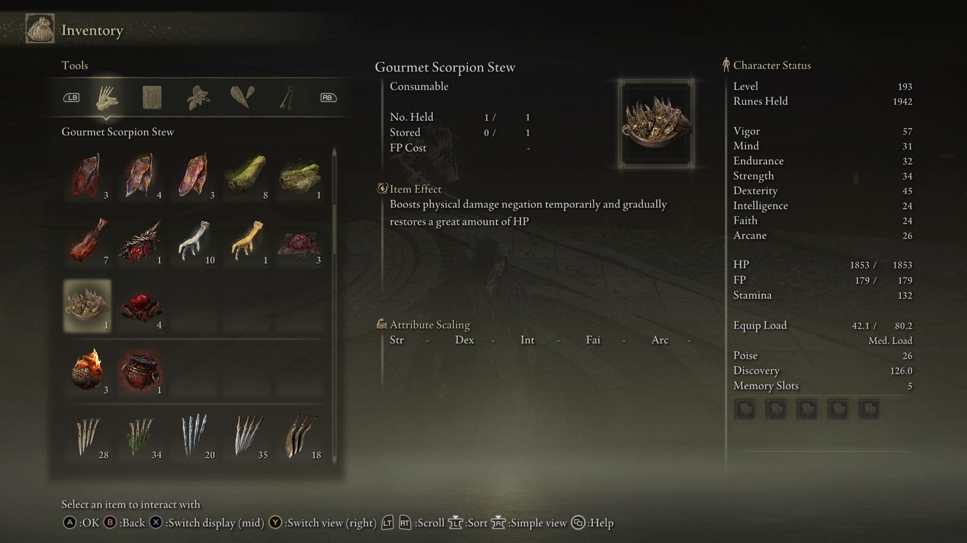 The description of the Scorpion Stew, gifted by Hornsent Grandam, in Elden Ring Shadow of the Erdtree - 4