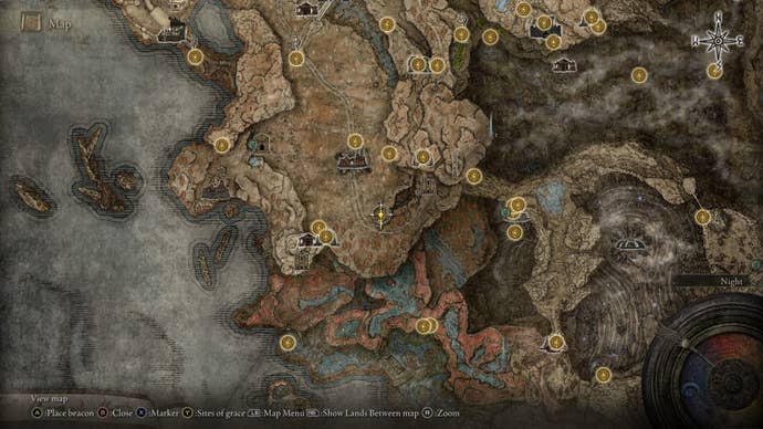 The location of a Larval Tear in Gravesite Plains is marked on the Elden Ring Shadow of the Erdtree map