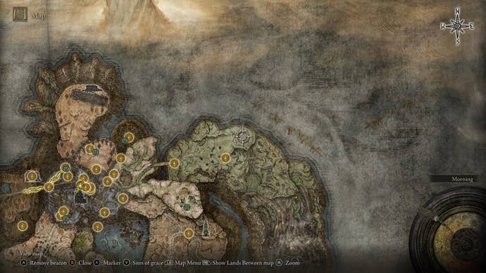 The location of the Fallingstar Beast Jaw that drops the Gravitational Missile is marked on the Elden Ring Shadow of the Erdtree map
