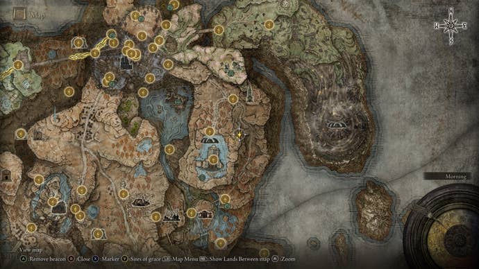 The location of the Greasemonger's Bell Bearing is marked on the Elden Ring Shadow of the Erdtree map