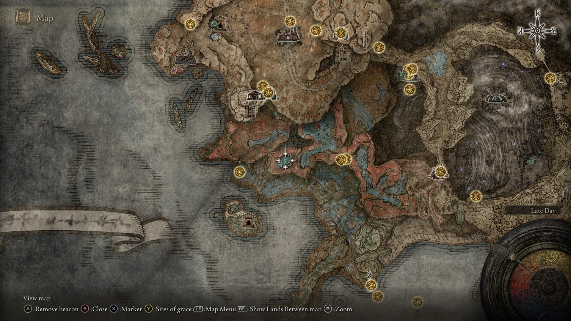 The location of a Scadutree Fragment at Hidden Charo&rsquo;s Grave is marked on the Elden Ring Shadow of the Erdtree map