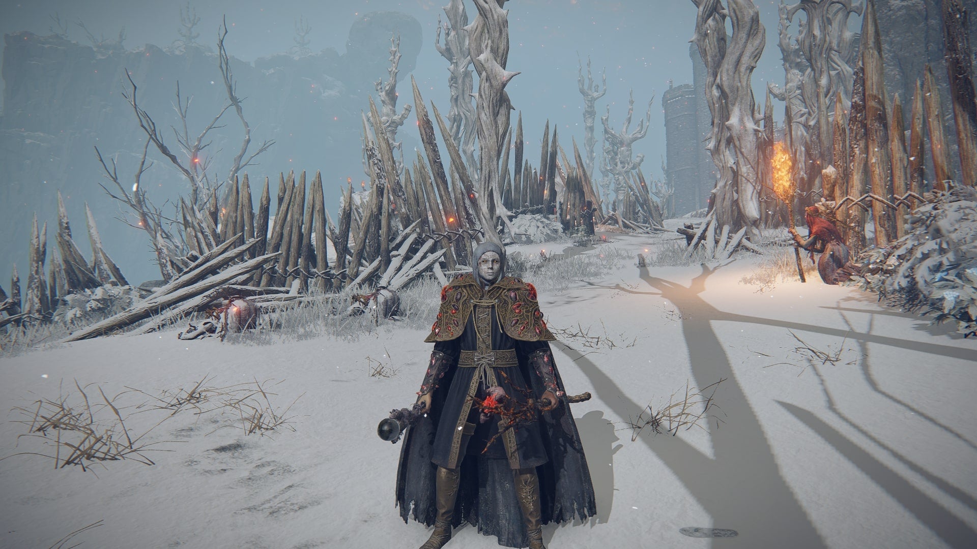 The Tarnished stands by Guardians' Garrison in Mountaintops of Giants while wielding the Maternal Staff and Staff of the Guilty in Elden Ring Shadow of the Erdtree - 1