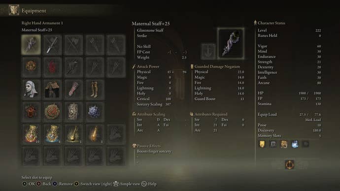 The equipment needed for an Impenetrable Thorns build in Elden Ring Shadow of the Erdtree is shown in the player's equipment menu