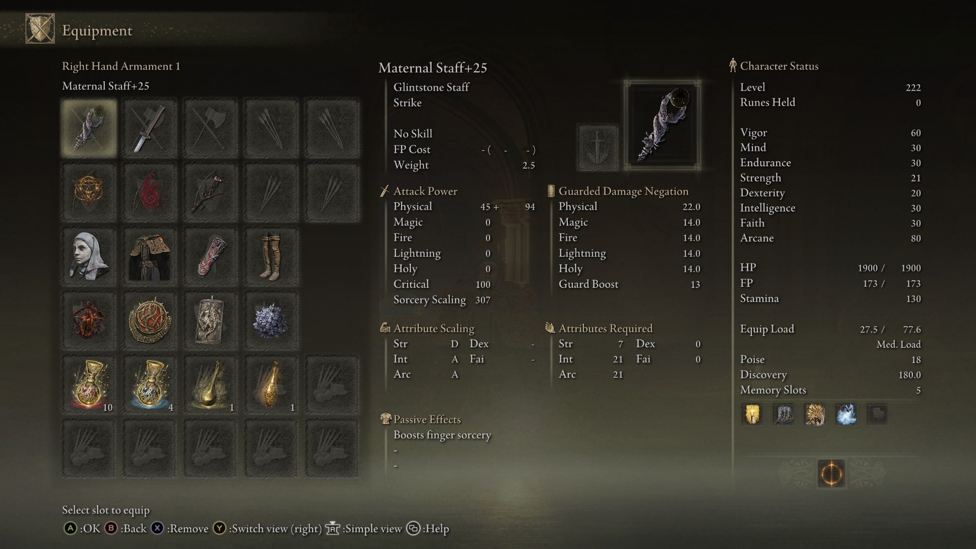 The equipment needed for an Impenetrable Thorns build in Elden Ring Shadow of the Erdtree is shown in the player's equipment menu - 3