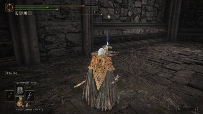 The Tarnished faces a corpse on a ledge, holding the Impenetrable Thorns Incantation, outside of Specimen Storehouse in Elden Ring Shadow of the Erdtree