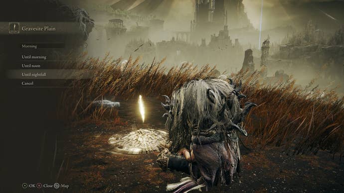 The Tarnished rests at a Site of Grace and passes the time until nightfall in Elden Ring Shadow of the Erdtree