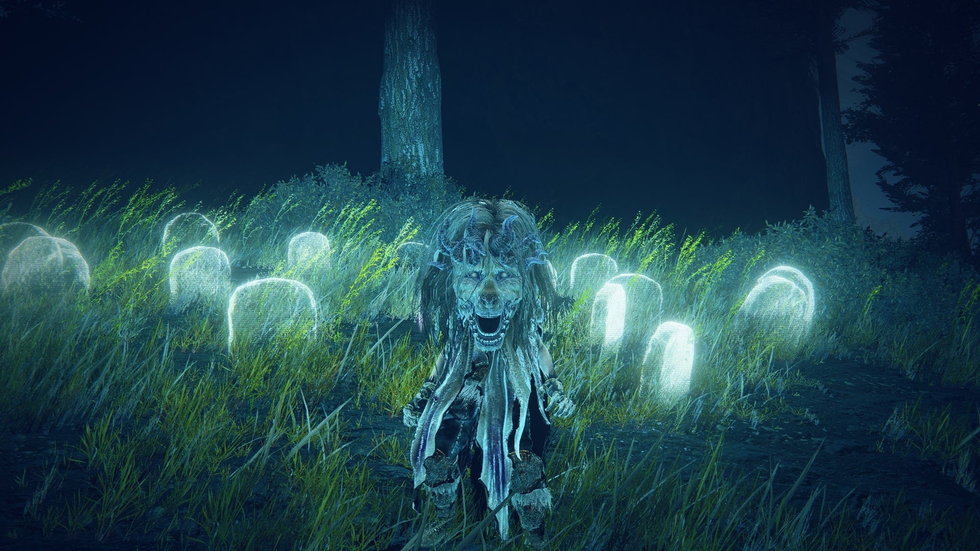 The Tarnished stands in a small, glowing graveyard at night, where Larval Tears can be found in Elden Ring Shadow of the Erdtree - 1