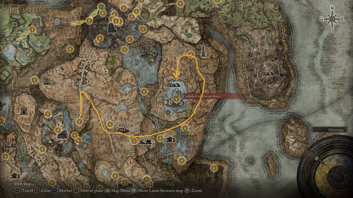 The route to the Cathedral of Manus Metyr from Castle Ensis is drawn on the Elden Ring Shadow of the Erdtree map