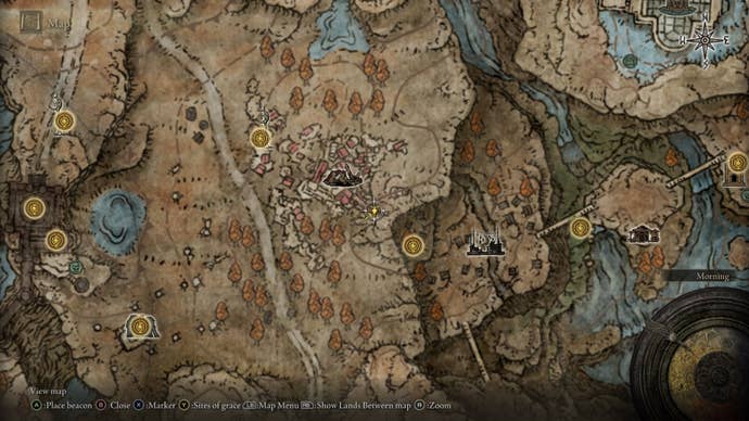 The location of a Scadutree Fragment at Moorth Ruins is marked on the Elden Ring Shadow of the Erdtree map