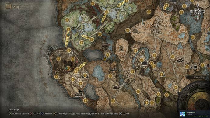 The location of the Mushroom-Seller's Bell Bearing 1 is marked on the Elden Ring Shadow of the Erdtree map