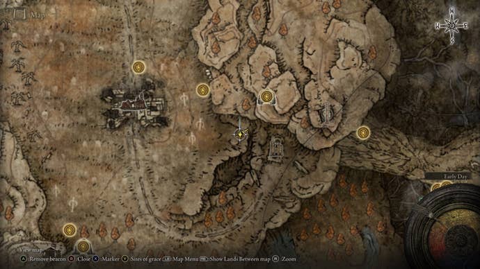 The location of the Mushroom-Seller's Bell Bearing 2 is marked on the Elden Ring Shadow of the Erdtree map
