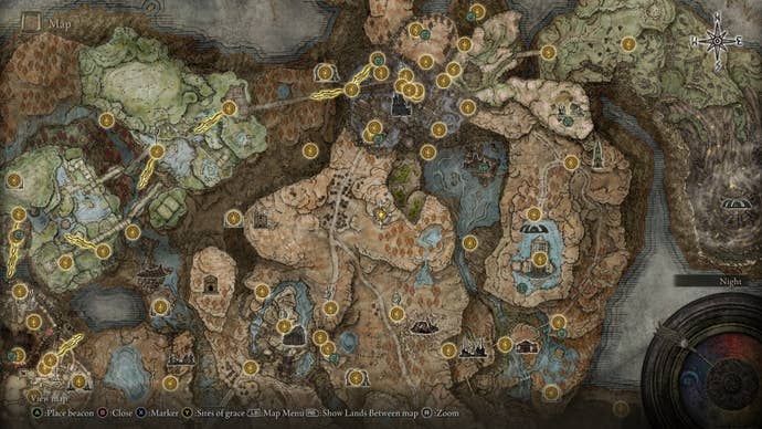 The location of a Larval Tear north of the Highroad Cross is marked on the Elden Ring Shadow of the Erdtree map