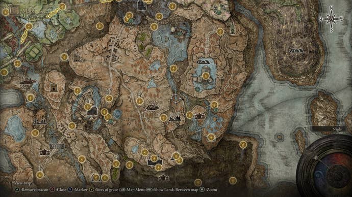 The location of the O Mother gesture in Bonny Village is marked on the Elden Ring Shadow of the Erdtree map