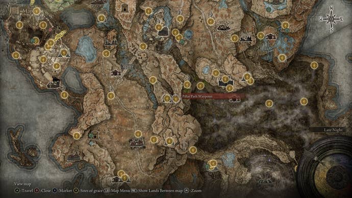 The location of Pillar Path Waypoint is shown on the Elden Ring Shadow of the Erdtree map