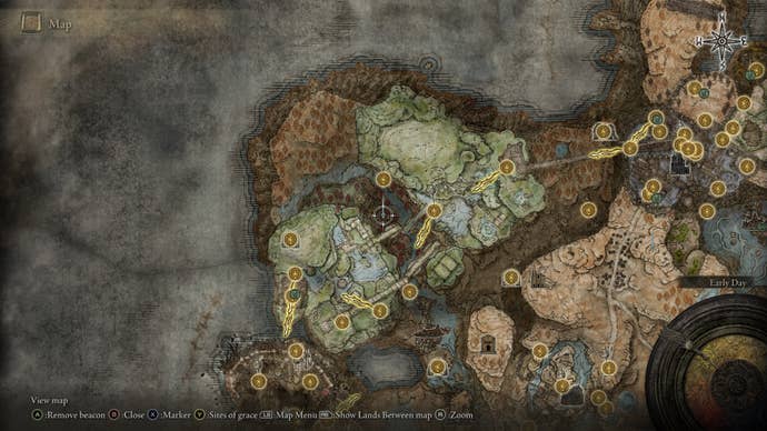 The location of The Poison Flower Blooms Twice Ash of War is marked on the Elden Ring Shadow of the Erdtree map