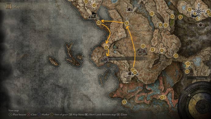 The map of Elden Ring Shadow of the Erdtree is labelled, showing how to get to Prospect Town from Gravesite Plain