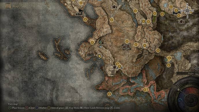 The location of a Larval Tear near Prospect Town is marked on the Elden Ring Shadow of the Erdtree map