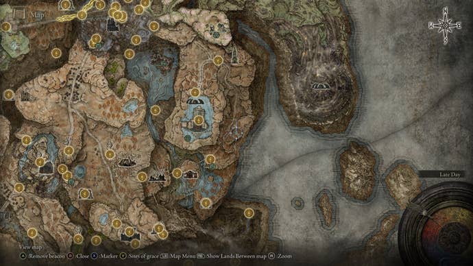 The location of the Raging Beast Ash of War is marked on the Elden Ring Shadow of the Erdtree map