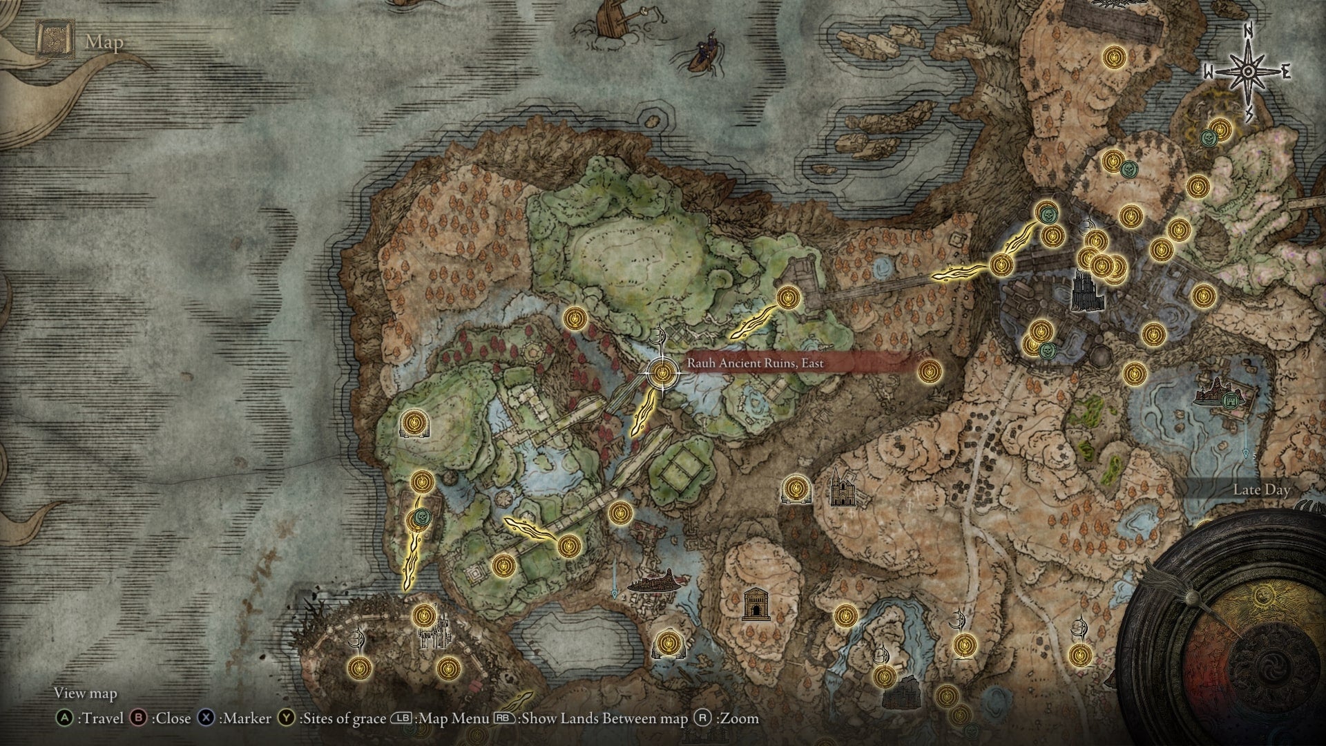 The location of a Scadutree Fragment at the Ancient Ruins of Rauh East is marked on the Elden Ring Shadow of the Erdtree map - 31