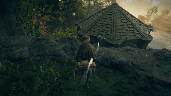 The Tarnished, atop Torrent, faces the roof of a gazebo that they can jump onto in Elden Ring Shadow of the Erdtree