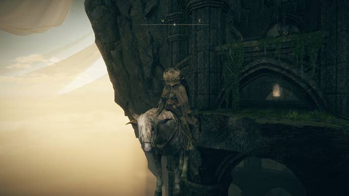 The Tarnished, atop Torrent, stands on an invisible bridge leading to an altar in Elden Ring Shadow of the Erdtree's Ancient Ruins of Rauh