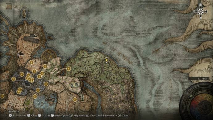 The location of a Remembrance duplicator at the Finger Ruins of Dheo is marked on the Elden Ring Shadow of the Erdtree map