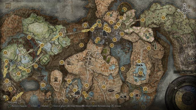 The location of the Rolling Sparks Ash of War is marked on the Elden Ring Shadow of the Erdtree map